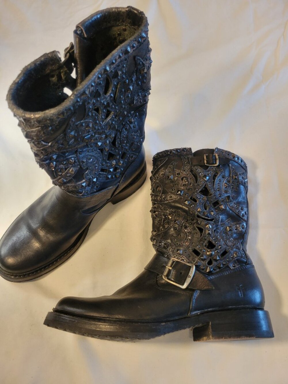 Frye Veronica Deco Black Leather Moto Engineer Boots Studded Women's 7B - Picture 2 of 12